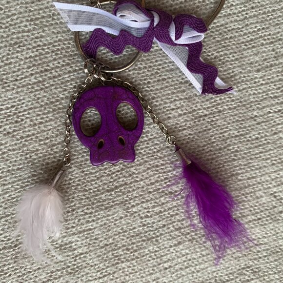 2x25$ 🐿 🍁 CREATION - Skull short necklace - ruban bead feather - purple white - Picture 9 of 11